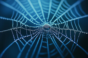 A beautiful dew-covered spider web in the morning light