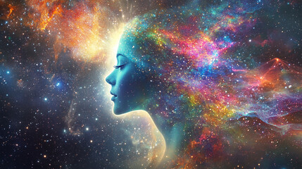 Poster - Mystical woman silhouette cosmic nebula colorful vibrant starry space galaxy dreamy abstract art