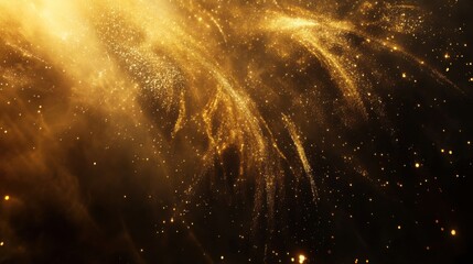 Poster - Golden cosmic particles swirl gracefully in a dark universe full of shimmering brightness