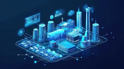 Poster - A futuristic factory using VR and AI for predictive manufacturing analysis.