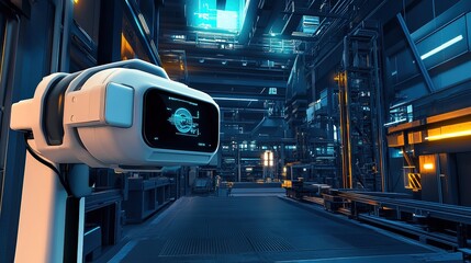 Poster - A futuristic factory using VR and AI for predictive manufacturing analysis.