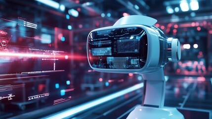 Poster - A futuristic factory where VR simulations optimize production.