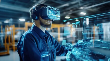 Poster - A futuristic factory where VR simulations optimize production.