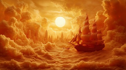 Wall Mural - sunrise over the sea with a sailing ship on the waves