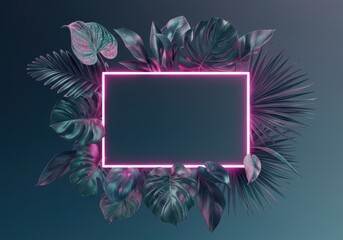 Poster - Neon frame surrounded by tropical leaves on a dark background