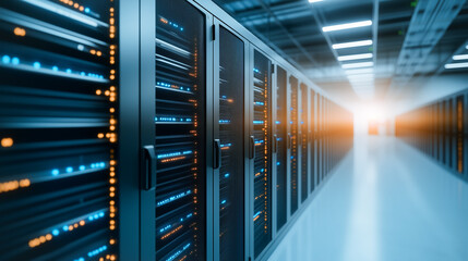 Poster - server room data center: a symmetrical view of server racks in a data center, highlighting the techn