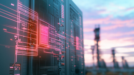 Poster - Data Center Innovation: Futuristic image, a server rack is bathed in the warm light of sunrise, with glowing digital overlay hinting at advanced technology and data processing capabilities.