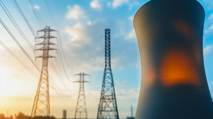 Poster - power plant and sky: a nuclear power plant and high voltage power lines stand beneath a cloudy sky, 