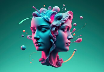 Fototapete - Abstract sculpture of two faces in vibrant colors, symbolizing duality and creativity