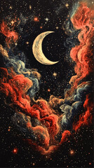 Wall Mural - mesmerizing crescent moon in vibrant cosmic nebula | stunning outer space vector art | colorful gala
