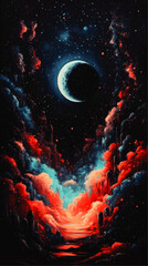 Wall Mural - stunning cosmic fantasy vector art: crescent moon over colorful nebula with starry sky and mystical 