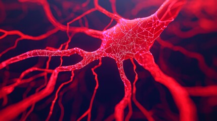 Aufkleber - Exploring Abstract Red Neural Network Structures in a Digital Environment Close-Up Perspective Scientific Concept
