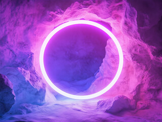 Fototapete - Pink and purple abstract background with white texture in geometric circles and ring pattern design. Abstract pink and blue neon light rings. Iridescen crystal ring with blue and pink gradient texture