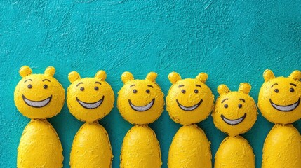 Poster - Five cheerful yellow bears with their faces painted in bright colors reflecting various customer emotions