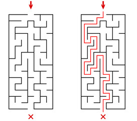 Vector vertical rectangular labyrinth with entry and exit. Difficulty level - easy. Children logic game. Not hard riddle solated on white background for kids and parents with solution