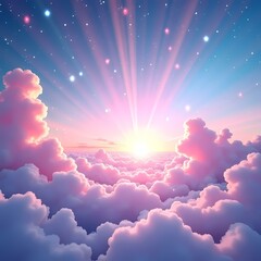 Poster - Above the horizon, bright pink clouds embrace the first light of day, with rays of sunlight filtering through, illuminating the serene sky. A magical transition awakens the world Generative AI