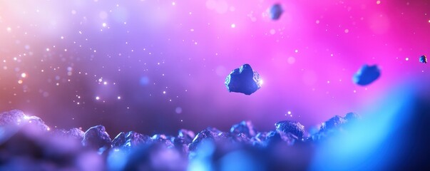 Poster - A vibrant cosmic scene showcasing colorful nebulae and floating celestial rocks amidst a starry background.