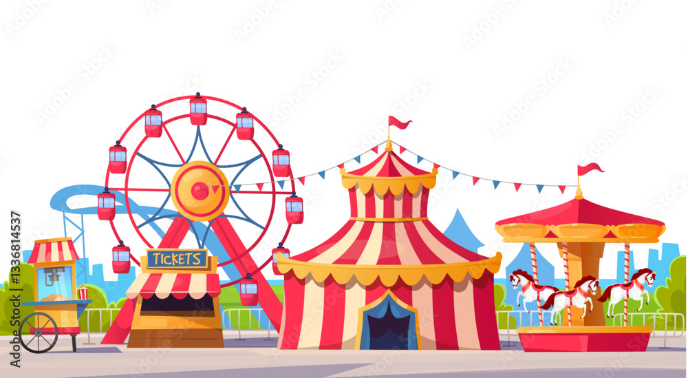 Colorful cartoon amusement park vector illustration with a ferris wheel ...