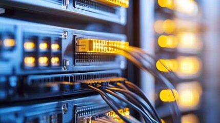 Poster - Futuristic data center with glowing fiber optic cables and network switches.