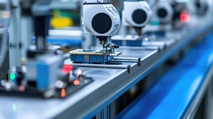 Poster - High-tech automated production line with robotic arms assembling components in a factory.