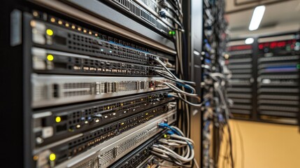 Poster - High-tech communication hub with multiple server racks and interconnected fiber optics.