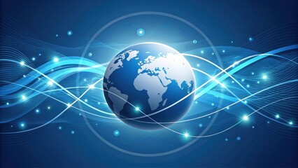 Poster - A digital representation of Earth surrounded by dynamic blue waves and light effects, symbolizing connectivity and technology.