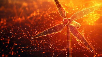 Fototapete - Digital wind turbine with glowing orange lines and network points. Energy technology scene shows renewable power structure and digital grid connection, highlighting green energy concept.
