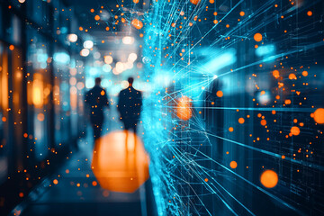 Poster - Abstract digital network technology background with blurred people walking web city blue data dots