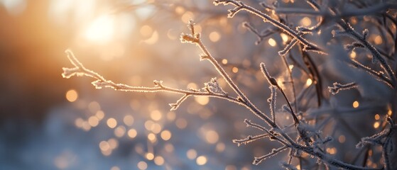 Poster - Captivating close up of delicate tree branches coated in a frosty crystal layer illuminated by a warm bright light in the background creating a serene and atmospheric cinematic scene
