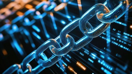 Poster - Wireframe chain link icon over a digital grid, symbolizing strong connections and networking.