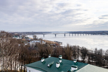 Wall Mural - above view of river with bridge in Kostroma city