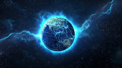Poster - electric blue orb surrounded by luminescent energy waves in a dark cosmic space with twinkling stars