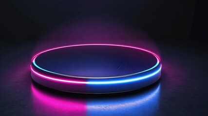 Poster - Futuristic illuminated platform with glowing neon lights in a dark environment, perfect for product showcases or creative presentations