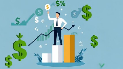 Poster - Professional business person standing on a bar graph while holding a dollar sign, symbolizing financial growth and success in a modern corporate environment