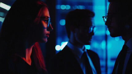 Poster - Stylish business people silhouettes neon city night portrait red blue dark cool mood urban light