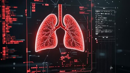 Poster - Detailed Digital Illustration of Lungs with Data Overlay, Medical Technology Concept, Respiratory Health and Diagnostic Imaging on Dark Background