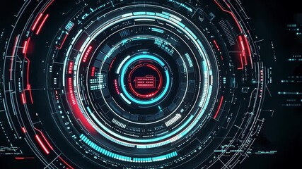 Fototapete - Futuristic Digital Interface with Colorful Neon Circles and Tech Elements Representing Data Processing and Connectivity in a Virtual Space