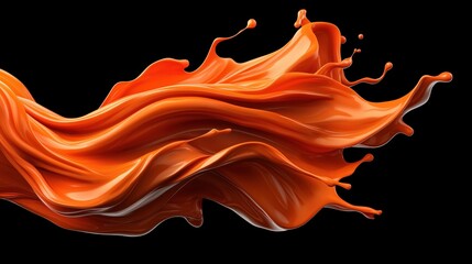 Poster - Bright orange paint flows and splashes against a black backdrop, showcasing its vibrant color and unique texture. swirling motion highlights the creativity of fluid art