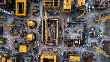Poster - Aerial View of Construction Site with Cranes, Yellow Equipment, and Building Structures Under Development in Urban Area