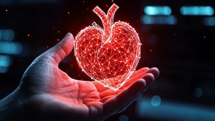 Poster - Hand Holding a Digital Heart Concept with Neon Red Light and Futuristic Technology Background for Health and Wellness Themes