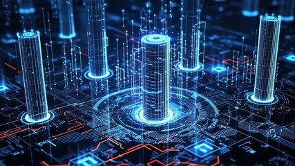 Poster - Abstract digital technology background with glowing circuits, data streams, and futuristic skyscrapers in a high-tech cityscape visualization
