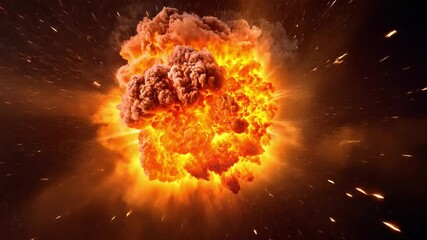 Poster - explosive fireball detonation creating intense orange glow against dark background with sparks and e