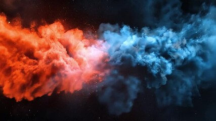 Poster - Vibrant Clash of Colors in Smoke and Vapor with a Split between Fiery Red and Cool Blue in a Dramatic Artistic Display