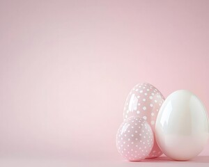 Poster - Soft pastel Easter eggs with delicate polka dots, minimalist composition on a pink background