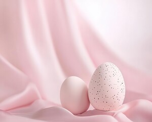 Poster - Soft pastel Easter eggs with delicate polka dots, minimalist composition on a pink background