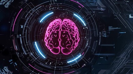 Poster - Futuristic Digital Brain in Neon Colors with High-Tech Background and Circuit Elements Representing Advanced Technology and Artificial Intelligence Concept