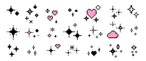 Poster - Pixel sparkling stars and hearts in pixel art style. Collection of glittering sparkles in Mood of 90's aesthetics. Y2K 8-bit retro style vector elements.