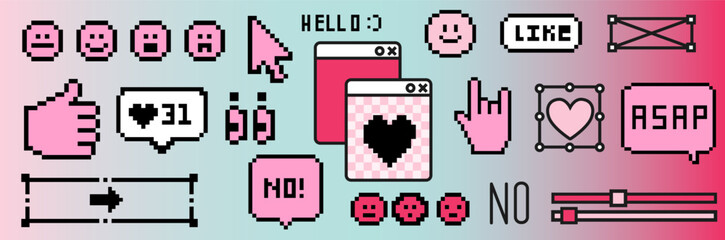 Poster - Y2K-inspired sticker set with pixelated icons on a gradient background, including a cursor, emojis, and speech bubbles, capturing a nostalgic digital aesthetic.