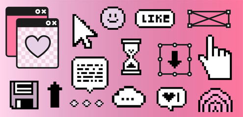 Poster - Y2K-style sticker set with pixelated icons on a pink gradient background, including hearts, cursors, UI retro elements and speech bubbles, capturing a nostalgic digital vaporwave vibe.