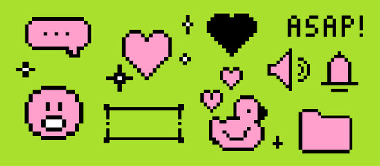 Poster - Y2K-inspired sticker set with pixelated icons on a bright green background: hearts, speech bubble, rubber duck, and symbols like a bell and folder in nostalgic digital aesthetic.